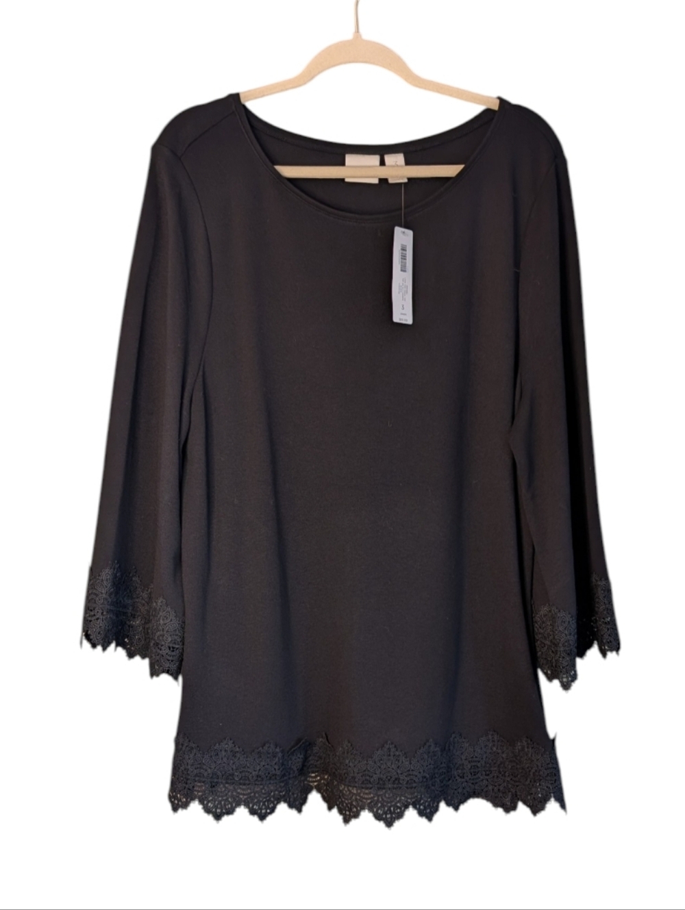 Chico's Black Ponte Tunic Top 3/4 Bell Sleeve size 3/XL Scalloped Lace romantic